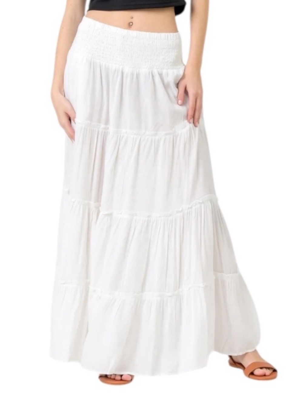 White Tiered Maxi Skirt - Lightweight Stretch Waist